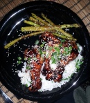 Teriyaki chicken drummies with white rice and asparagus